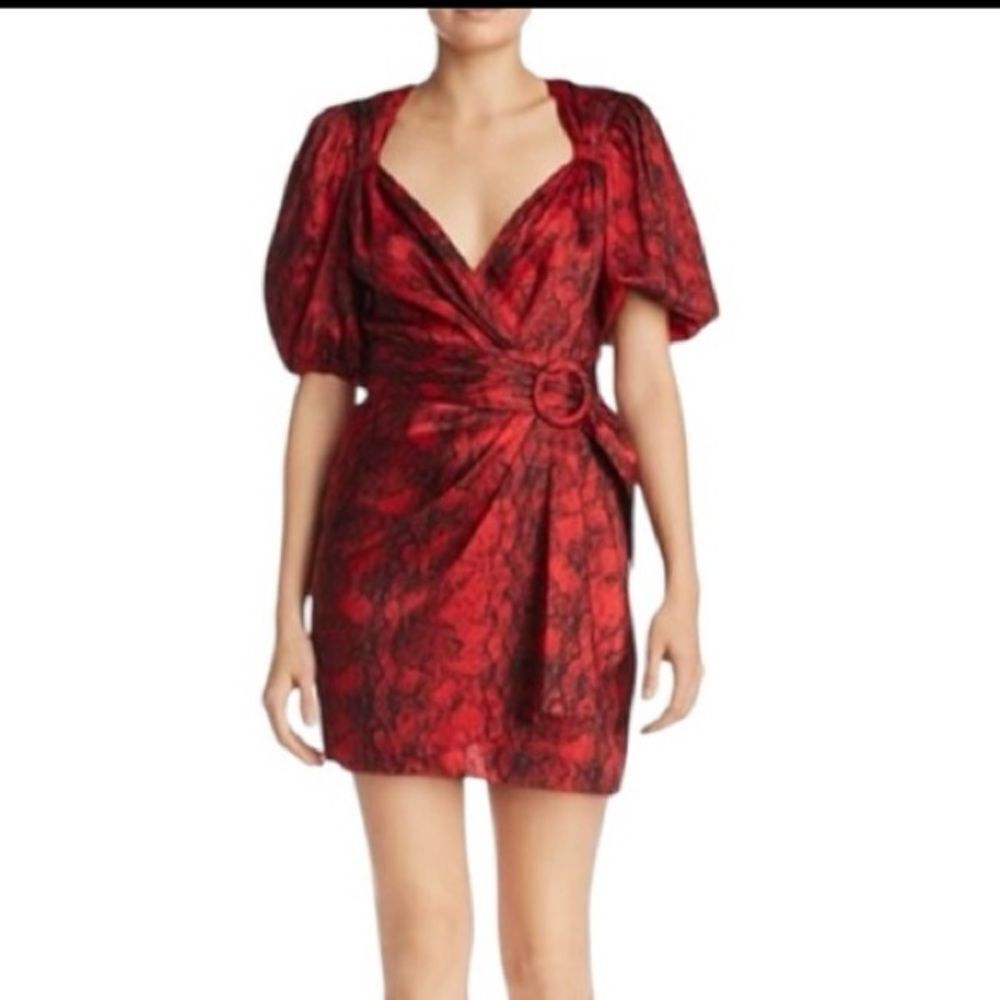 RONNY KOBO Dress Torrey Mini V neck Puffed Sleeve Snakeskin Print Red Size XS